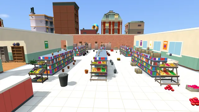 Inside the gas station shop: shelves with goods, vegetable crates and checkouts