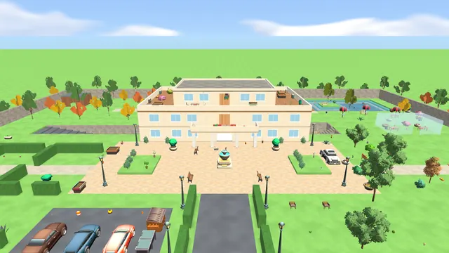 Bird's eye view of the courtyard and the villa with its parking lot and garden
